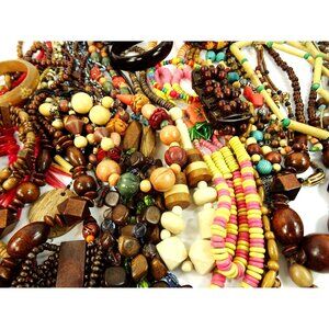 Wood Jewelry Lot 30pc Wooden Necklaces Bracelets